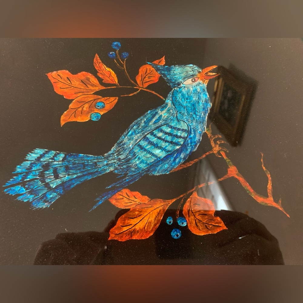 Vintage Framed Blue Jay on Branch Tinsel Foil Folk Art - Picture 3 of 3
